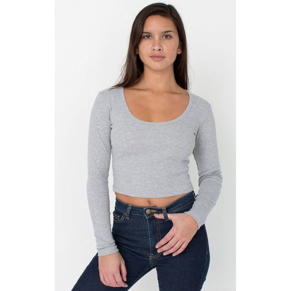 BP. Women's Crop Long Sleeve Scoop Neck Organic Cotton T-Shirt Grey Heather Med